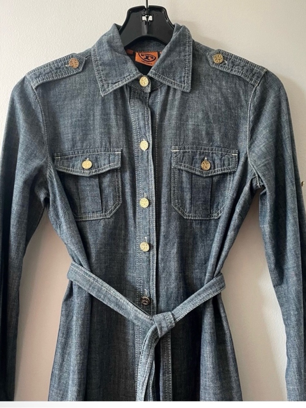 Tory Burch Denim Blue Button-Front Mini Dress